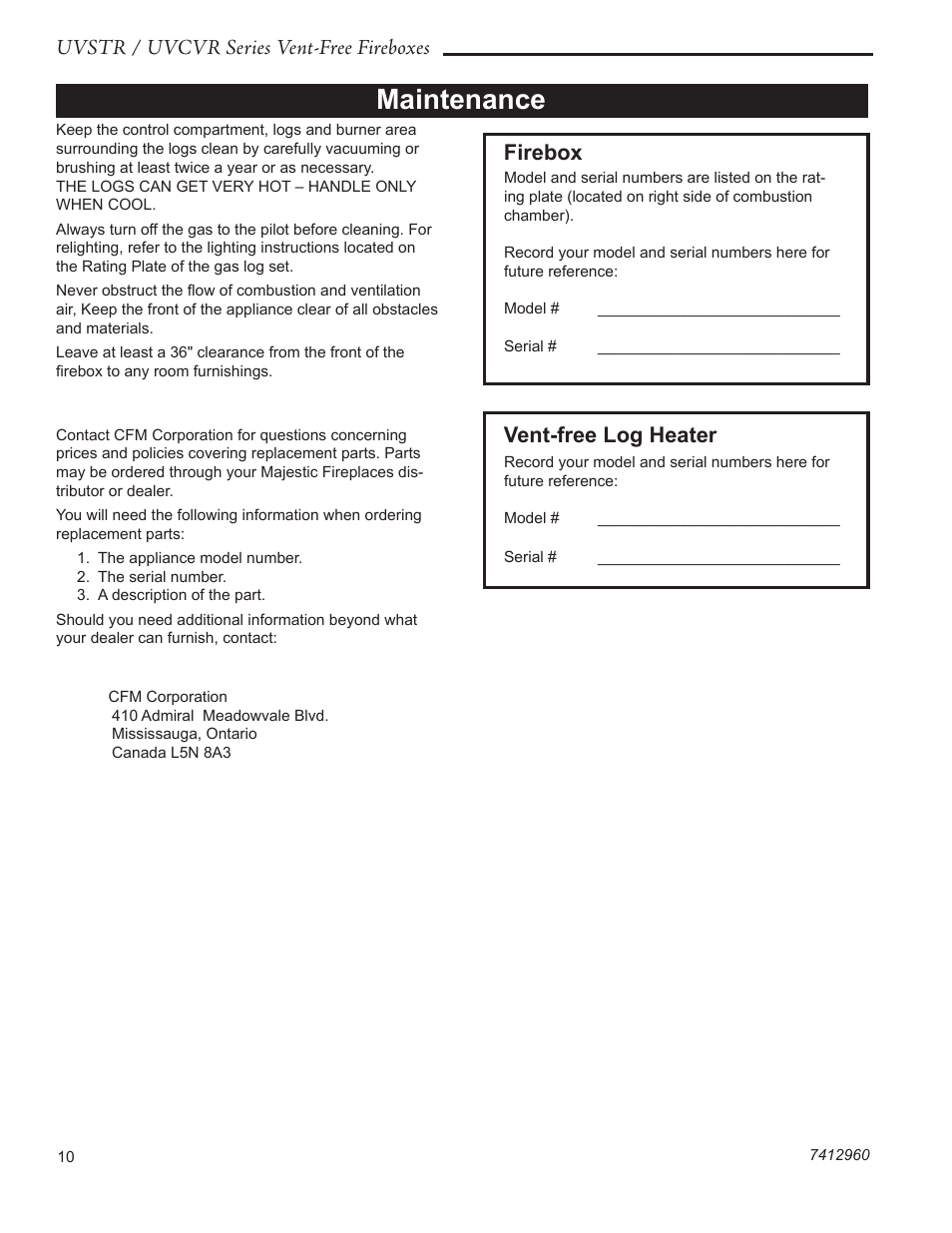Maintenance, Uvstr / uvcvr series vent-free fireboxes, Firebox | Vent-free log heater | CFM UVSTR36 User Manual | Page 10 / 16
