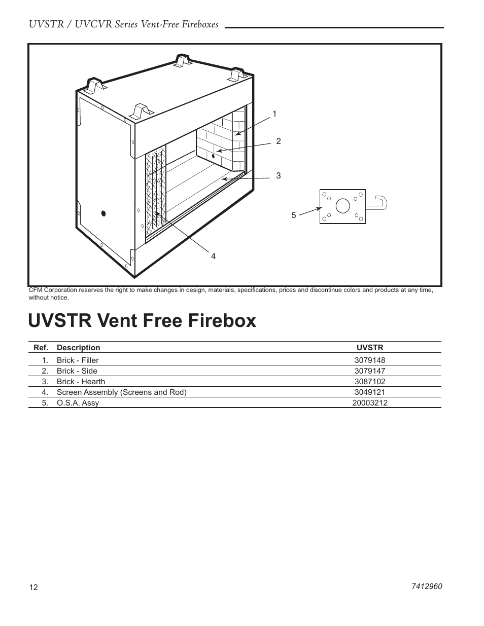 Uvstr vent free firebox, Uvstr / uvcvr series vent-free fireboxes | CFM UVSTR36 User Manual | Page 12 / 16