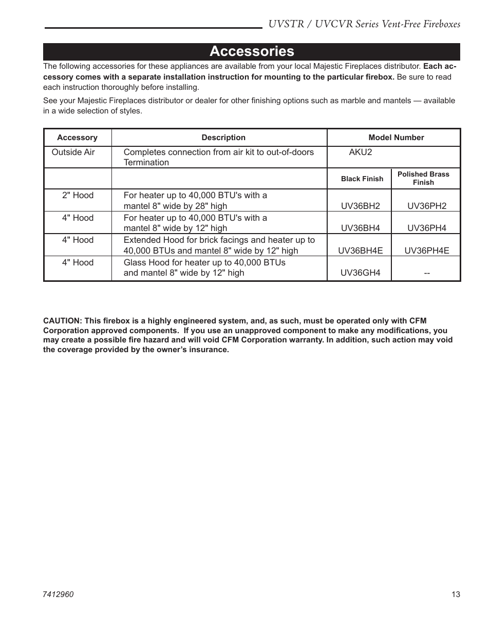 Accessories, Uvstr / uvcvr series vent-free fireboxes | CFM UVSTR36 User Manual | Page 13 / 16