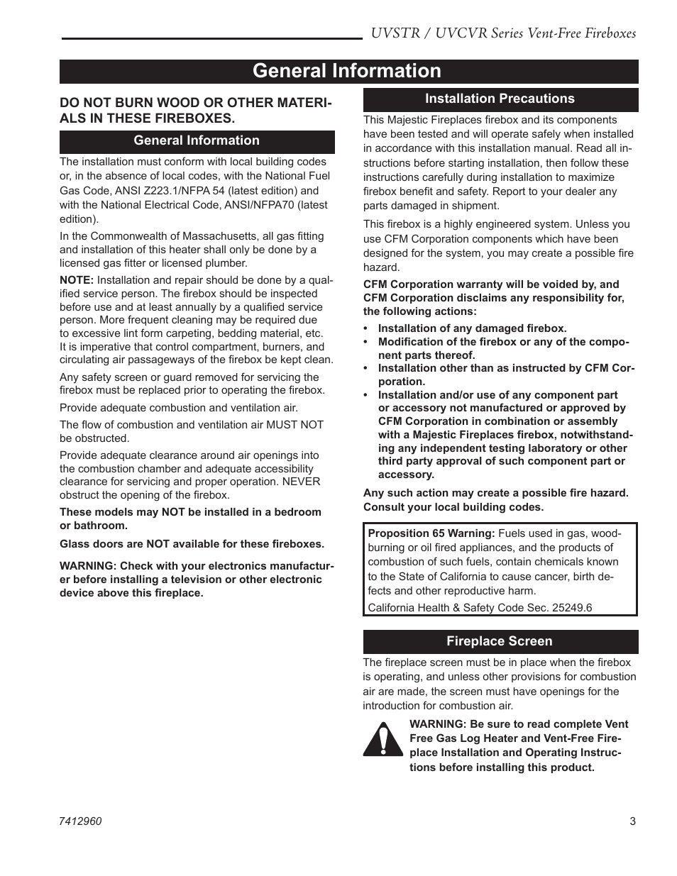 General information, Uvstr / uvcvr series vent-free fireboxes | CFM UVSTR36 User Manual | Page 3 / 16