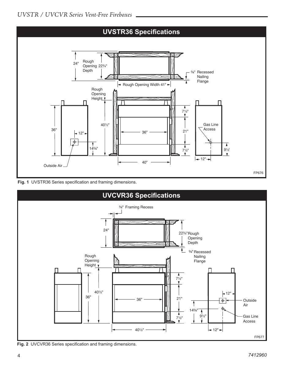 Uvstr / uvcvr series vent-free fireboxes, Uvcvr36 speciﬁcations, Uvstr36 speciﬁcations | CFM UVSTR36 User Manual | Page 4 / 16