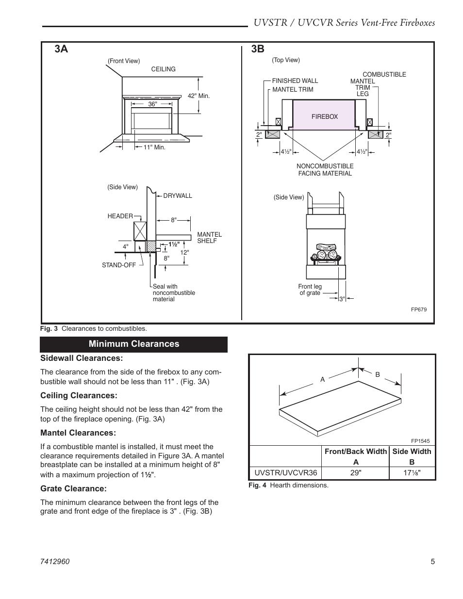Uvstr / uvcvr series vent-free fireboxes, 3a 3b, Minimum clearances | CFM UVSTR36 User Manual | Page 5 / 16