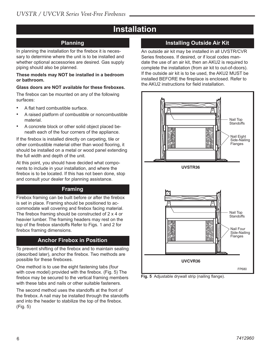 Installation, Uvstr / uvcvr series vent-free fireboxes | CFM UVSTR36 User Manual | Page 6 / 16
