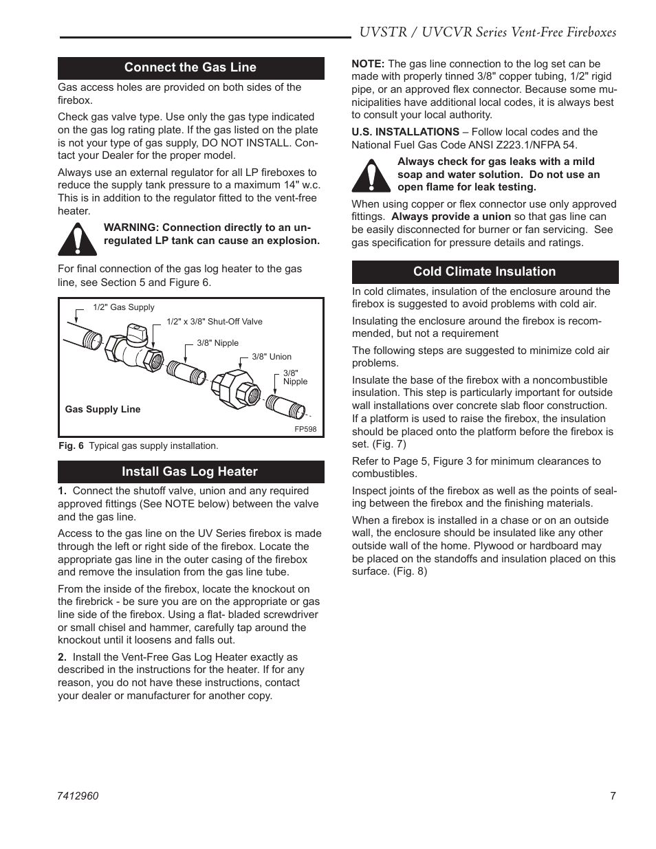 Uvstr / uvcvr series vent-free fireboxes, Install gas log heater, Connect the gas line | Cold climate insulation | CFM UVSTR36 User Manual | Page 7 / 16