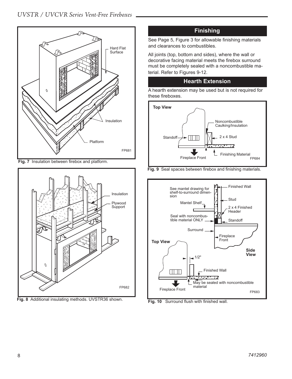 Uvstr / uvcvr series vent-free fireboxes, Finishing, Hearth extension | CFM UVSTR36 User Manual | Page 8 / 16