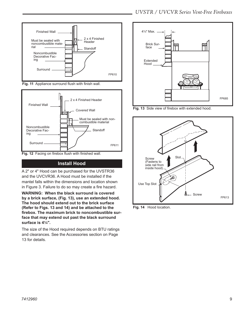 Uvstr / uvcvr series vent-free fireboxes, Install hood | CFM UVSTR36 User Manual | Page 9 / 16