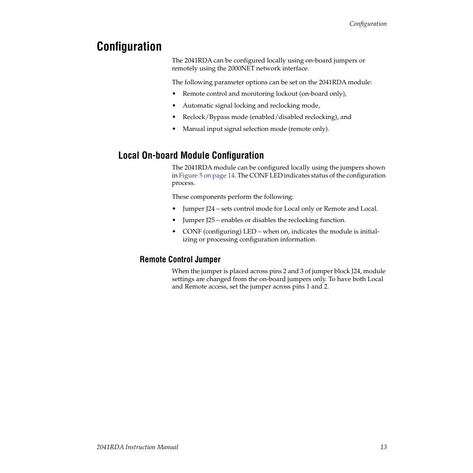 Configuration, Local on-board module configuration, Remote control jumper | Grass Valley 2041RDA User Manual | Page 13 / 24