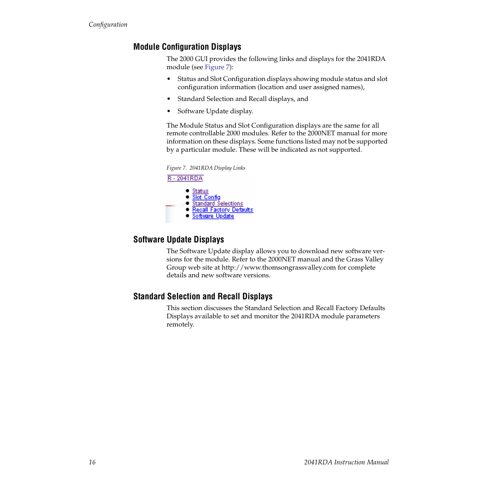 Module configuration displays, Software update displays, Standard selection and recall displays | Grass Valley 2041RDA User Manual | Page 16 / 24