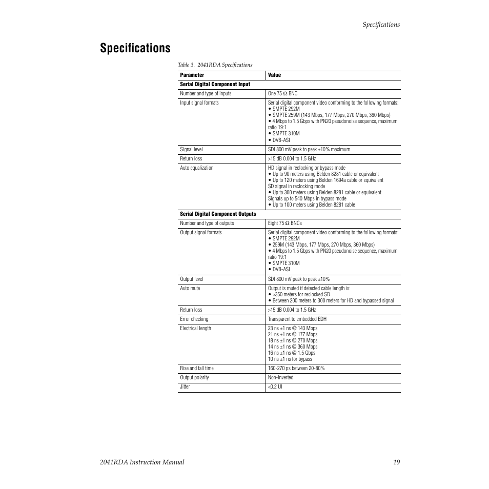 Specifications | Grass Valley 2041RDA User Manual | Page 19 / 24