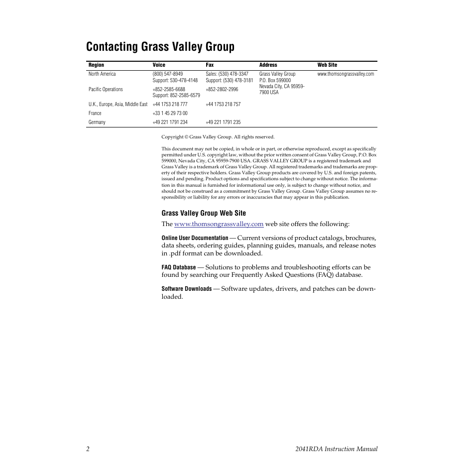 Contacting grass valley group | Grass Valley 2041RDA User Manual | Page 2 / 24