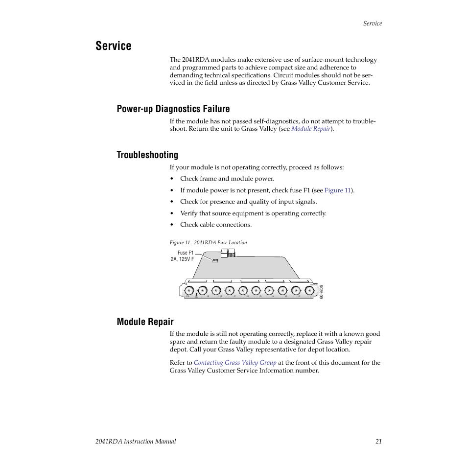 Service, Power-up diagnostics failure, Troubleshooting | Module repair | Grass Valley 2041RDA User Manual | Page 21 / 24