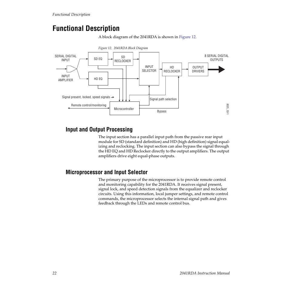 Functional description, Input and output processing, Microprocessor and input selector | Grass Valley 2041RDA User Manual | Page 22 / 24