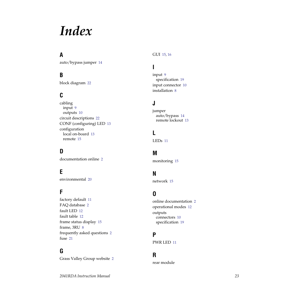 Index | Grass Valley 2041RDA User Manual | Page 23 / 24