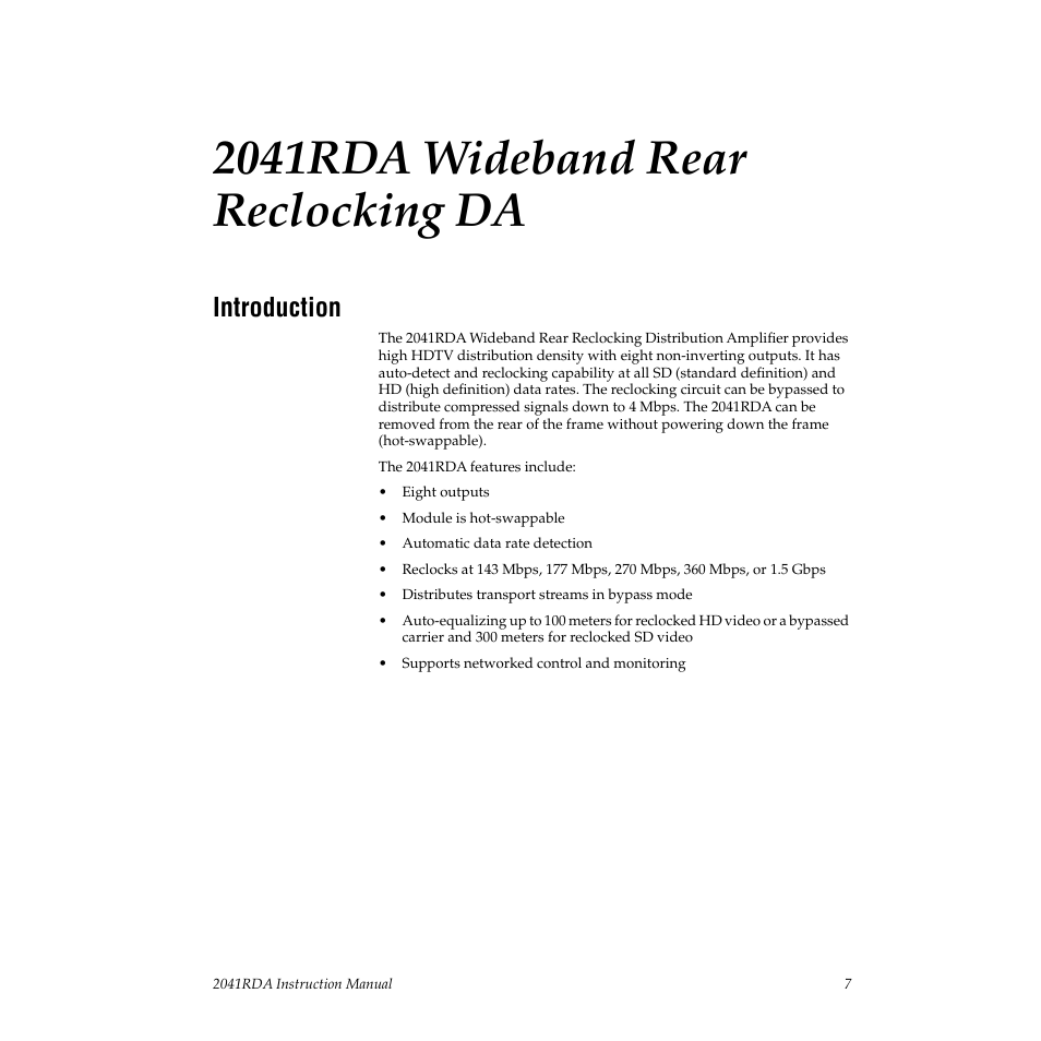 2041rda wideband rear reclocking da, Introduction | Grass Valley 2041RDA User Manual | Page 7 / 24