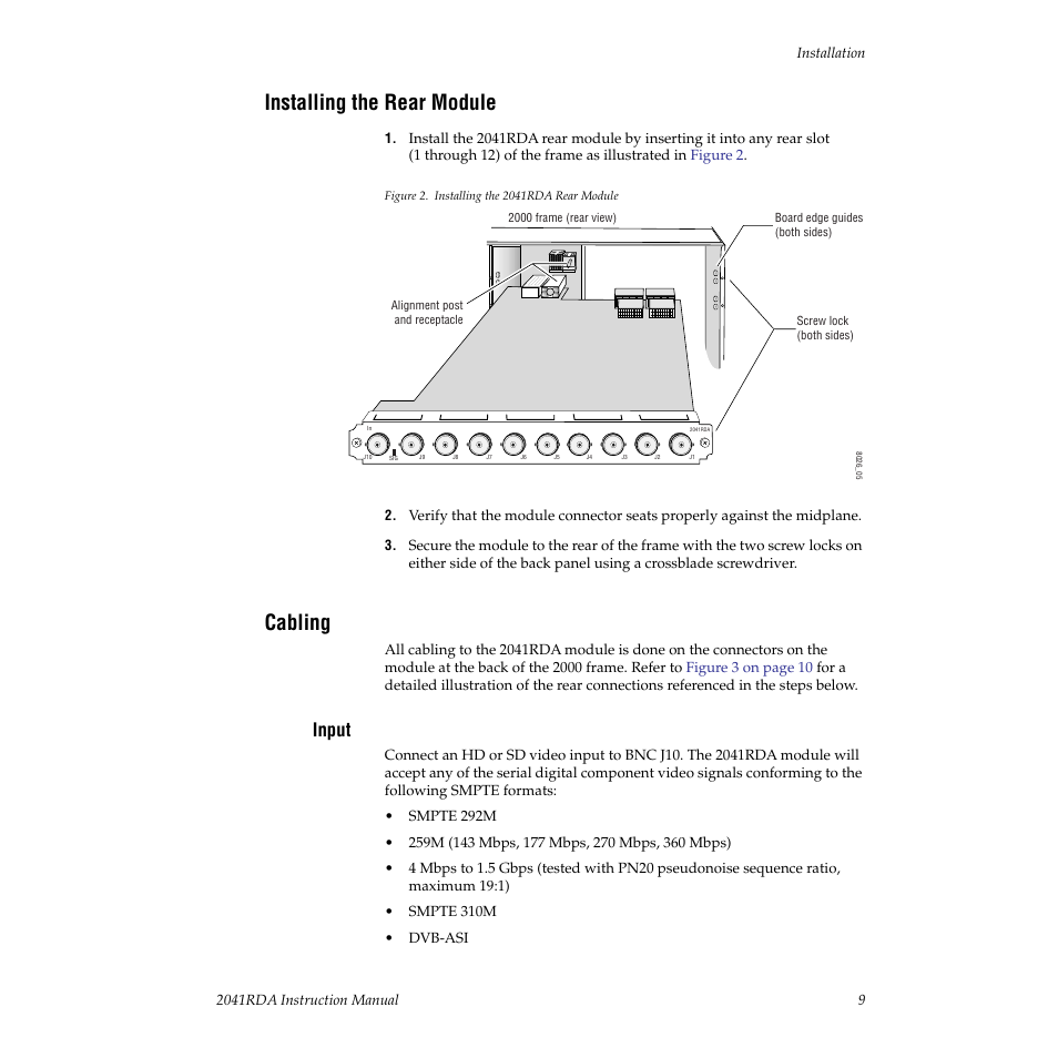 Installing the rear module, Cabling, Input | Grass Valley 2041RDA User Manual | Page 9 / 24