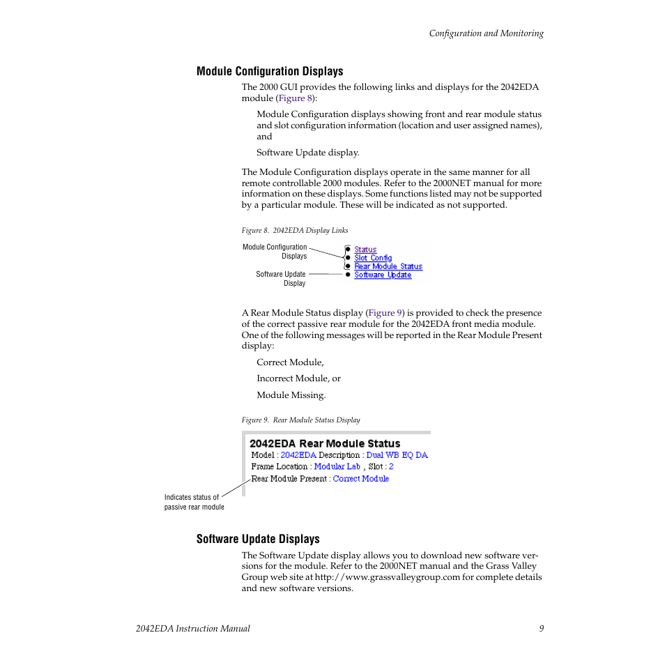 Module configuration displays, Software update displays | Grass Valley 2042EDA User Manual | Page 15 / 26