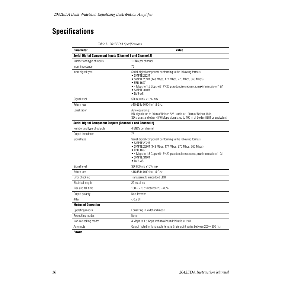 Specifications, Specifications in | Grass Valley 2042EDA User Manual | Page 16 / 26