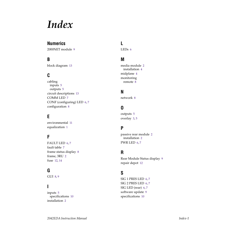 Index, Numerics | Grass Valley 2042EDA User Manual | Page 21 / 26