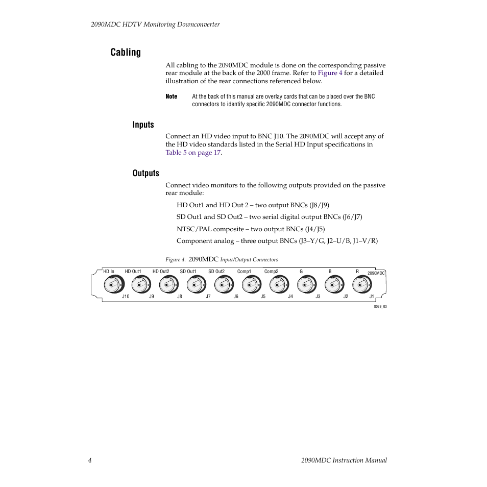 Cabling, Inputs, Outputs | Grass Valley 2090MDC User Manual | Page 10 / 30