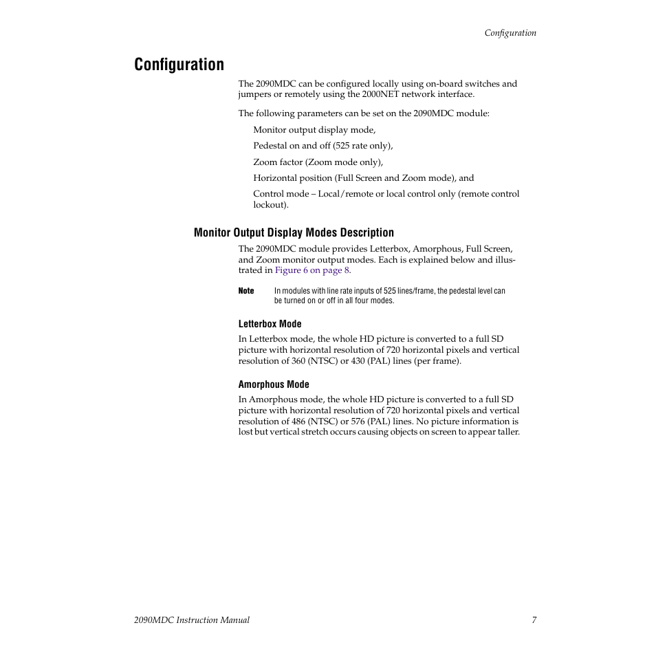 Configuration, Monitor output display modes description | Grass Valley 2090MDC User Manual | Page 13 / 30