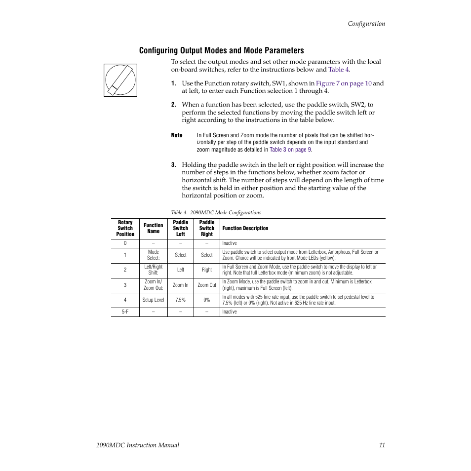 Configuring output modes and mode parameters, Table 4, For details | Grass Valley 2090MDC User Manual | Page 17 / 30