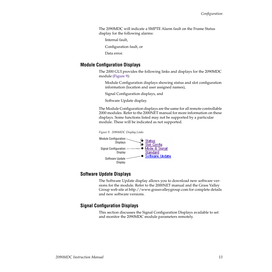 Module configuration displays, Software update displays, Signal configuration displays | Grass Valley 2090MDC User Manual | Page 19 / 30