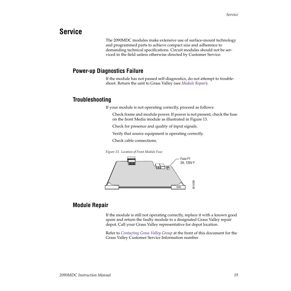 Service, Power-up diagnostics failure, Troubleshooting | Module repair | Grass Valley 2090MDC User Manual | Page 25 / 30