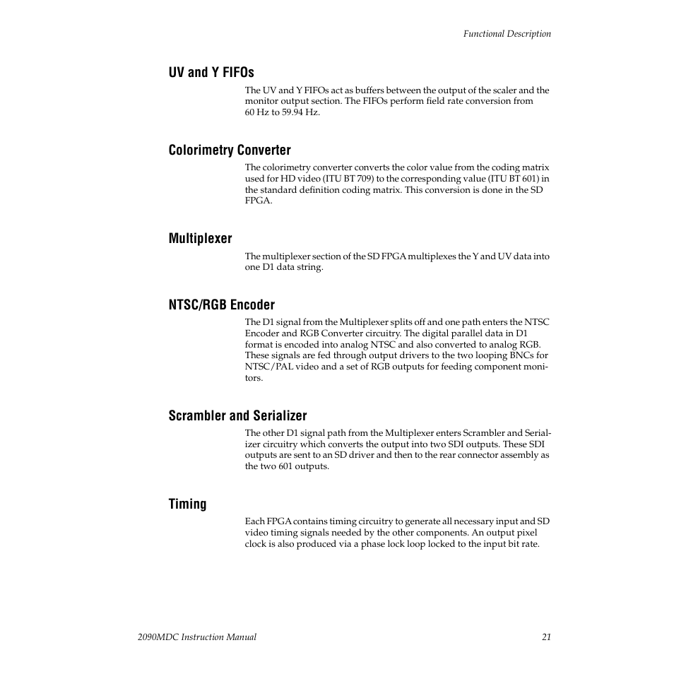 Uv and y fifos, Colorimetry converter, Multiplexer | Ntsc/rgb encoder, Scrambler and serializer, Timing | Grass Valley 2090MDC User Manual | Page 27 / 30