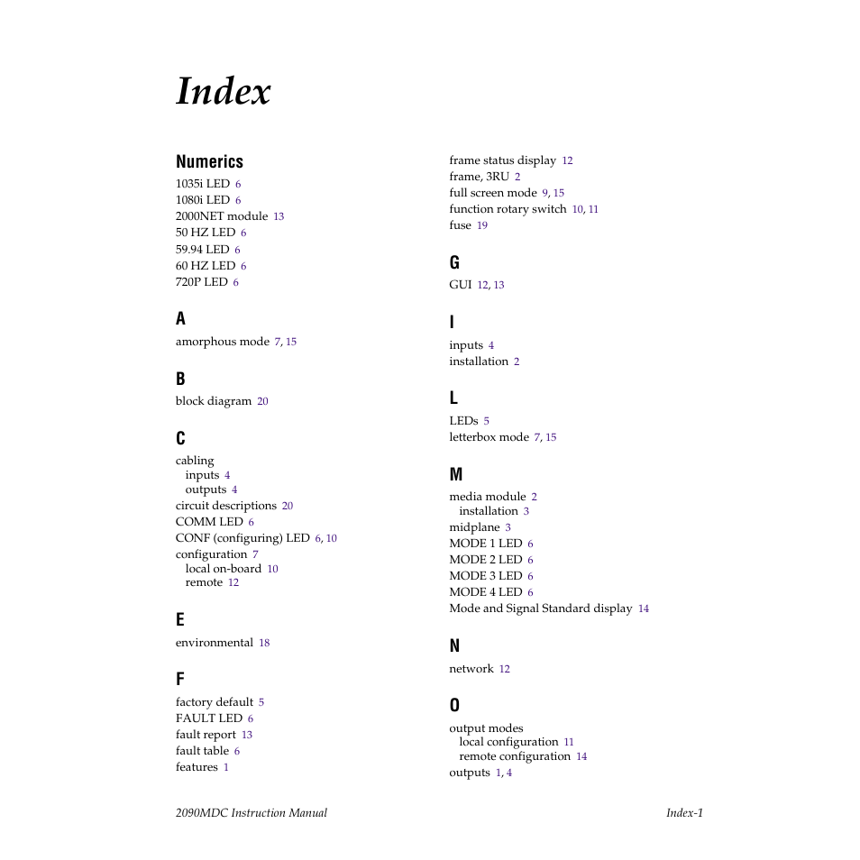 Index, Numerics | Grass Valley 2090MDC User Manual | Page 29 / 30