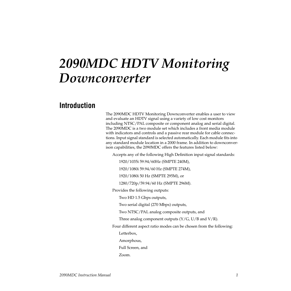 2090mdc hdtv monitoring downconverter, Introduction | Grass Valley 2090MDC User Manual | Page 7 / 30