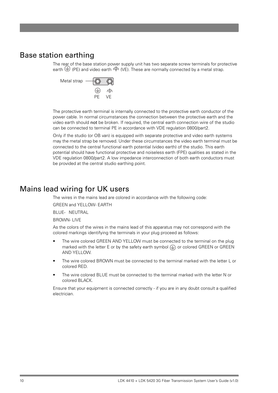 Base station earthing, Mains lead wiring for uk users | Grass Valley LDK 4410 User Manual | Page 10 / 82