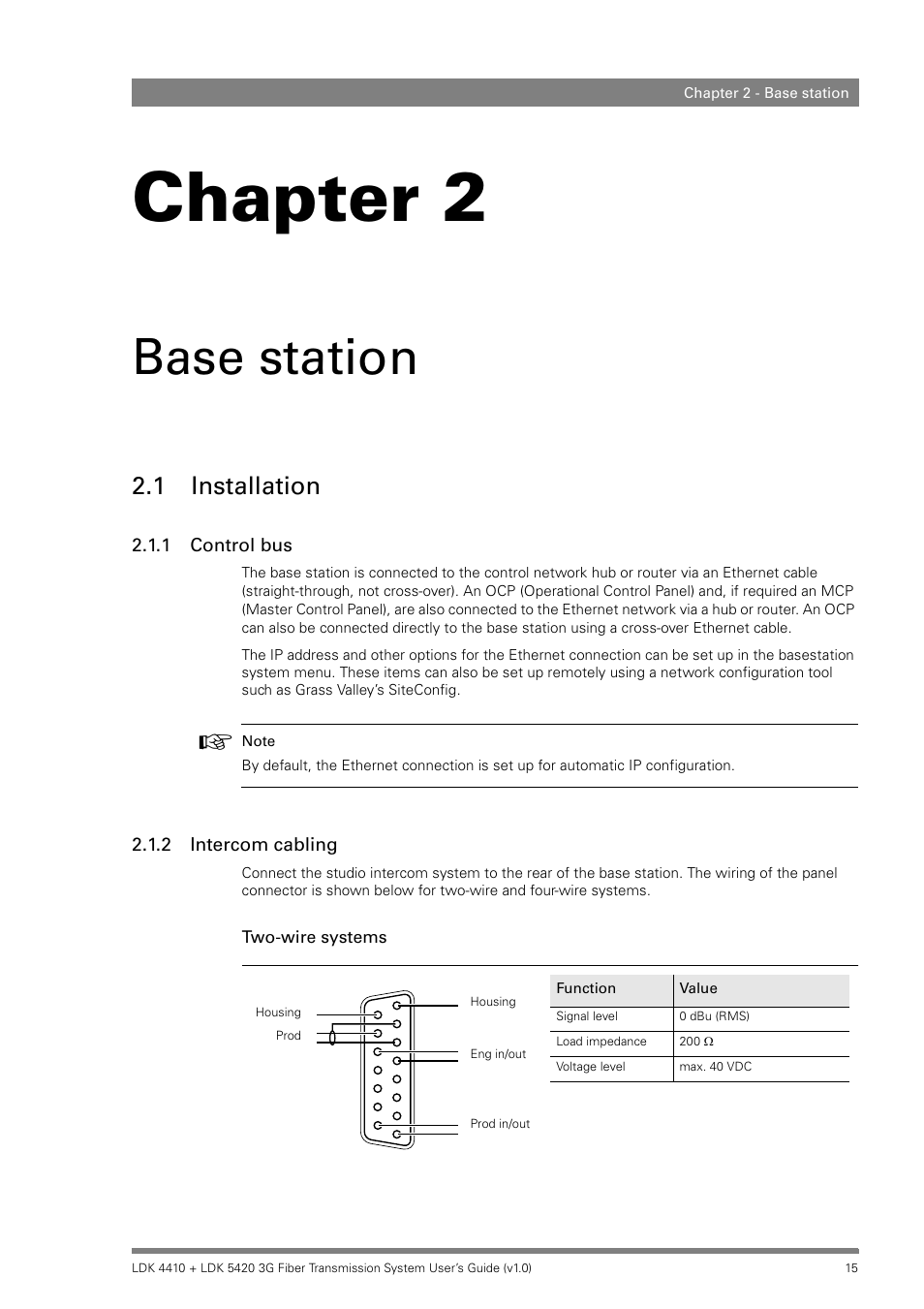 Base station, 1 installation, 1 control bus | 2 intercom cabling, Chapter 2 – base station, Installation 2.1.1, Control bus, Intercom cabling, Chapter 2 | Grass Valley LDK 4410 User Manual | Page 15 / 82