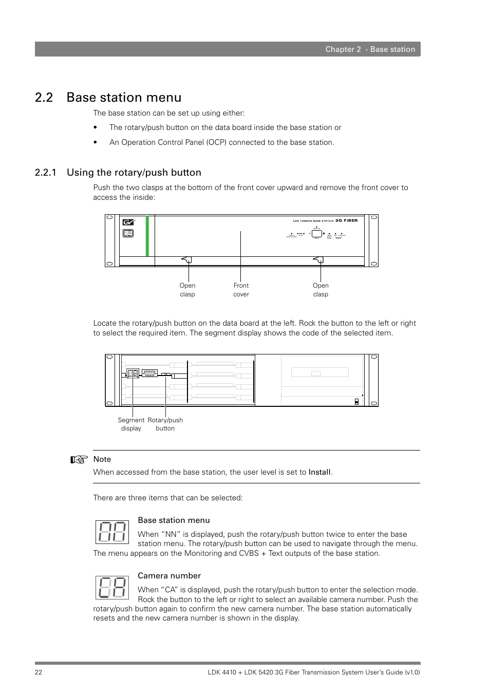 2 base station menu, 1 using the rotary/push button, Base station menu 2.2.1 | Using the rotary/push button | Grass Valley LDK 4410 User Manual | Page 22 / 82