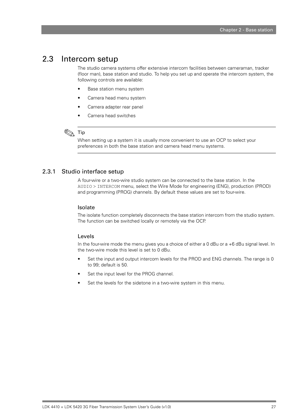 3 intercom setup, 1 studio interface setup, Intercom setup 2.3.1 | Studio interface setup | Grass Valley LDK 4410 User Manual | Page 27 / 82