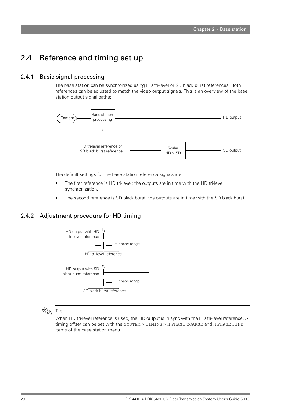 4 reference and timing set up, 1 basic signal processing, 2 adjustment procedure for hd timing | Reference and timing set up 2.4.1, Basic signal processing, Adjustment procedure for hd timing | Grass Valley LDK 4410 User Manual | Page 28 / 82