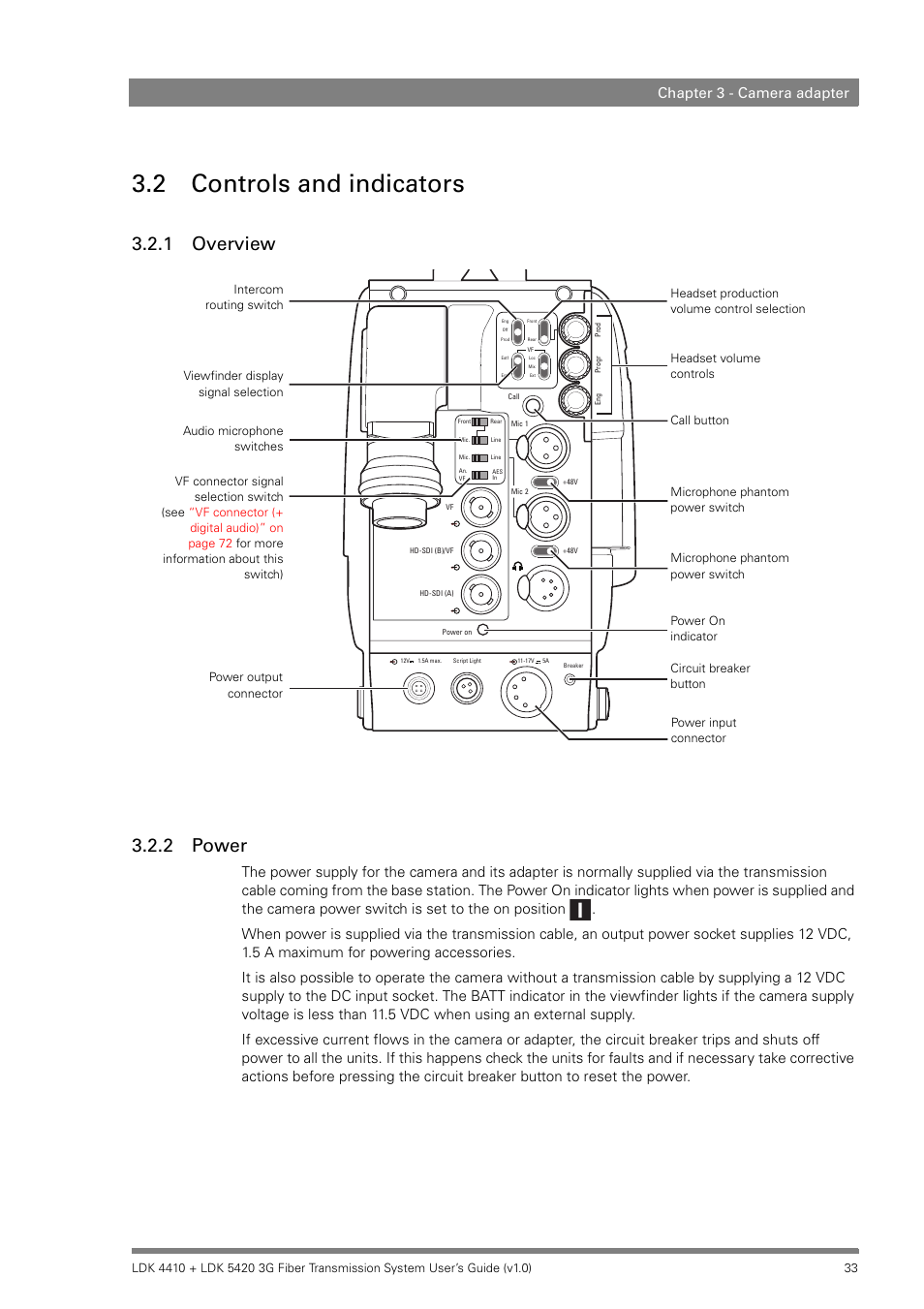 2 controls and indicators, 1 overview, 2 power | Controls and indicators 3.2.1, Overview, Power, 1 overview 3.2.2 power, Chapter 3 - camera adapter | Grass Valley LDK 4410 User Manual | Page 33 / 82