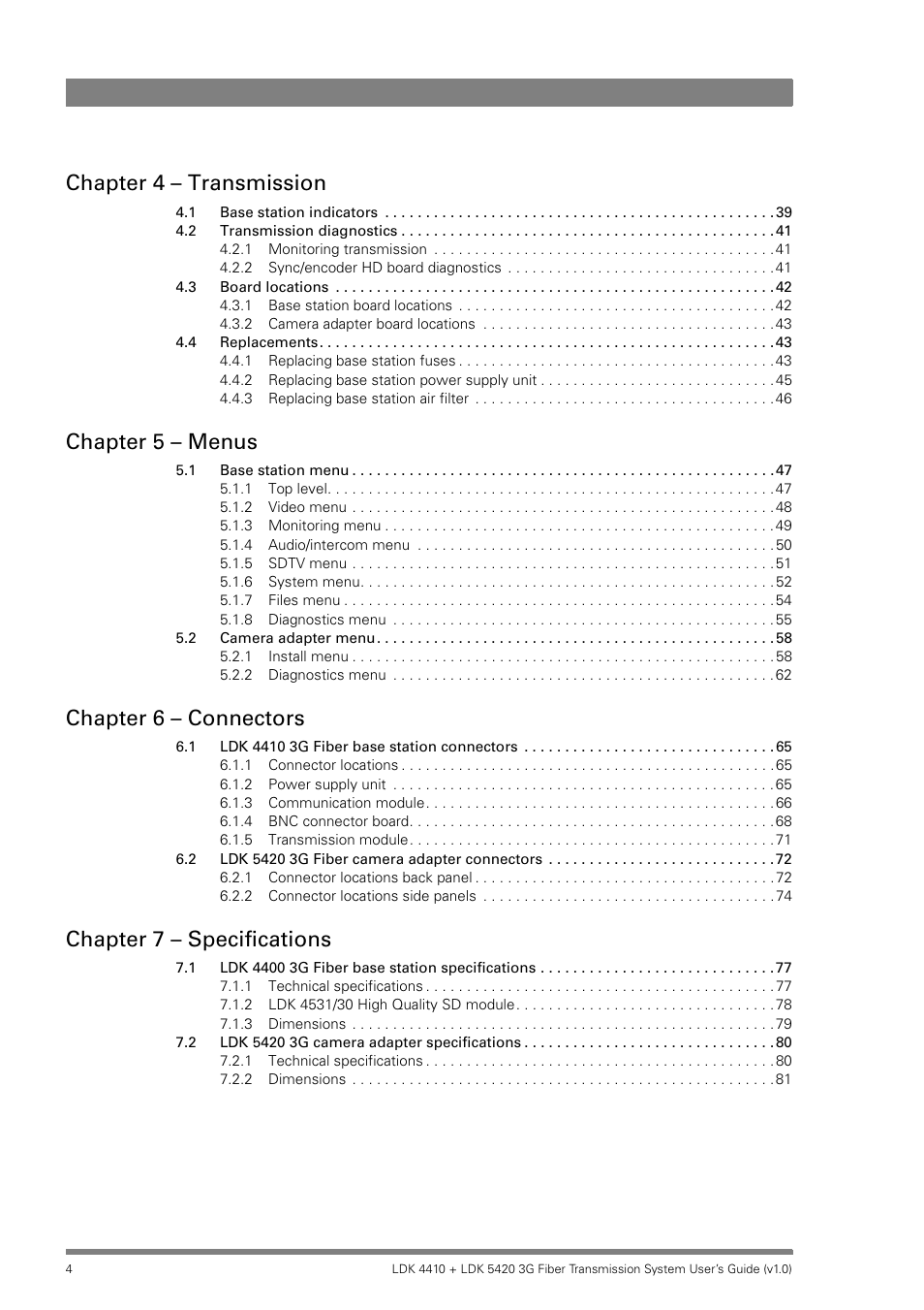 Chapter 4 – transmission, Chapter 5 – menus, Chapter 6 – connectors | Chapter 7 – specifications | Grass Valley LDK 4410 User Manual | Page 4 / 82