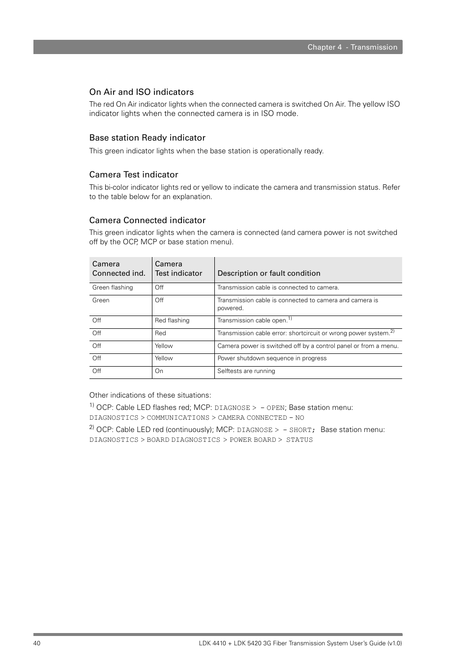 On air and iso indicators, Base station ready indicator, Camera test indicator | Camera connected indicator | Grass Valley LDK 4410 User Manual | Page 40 / 82