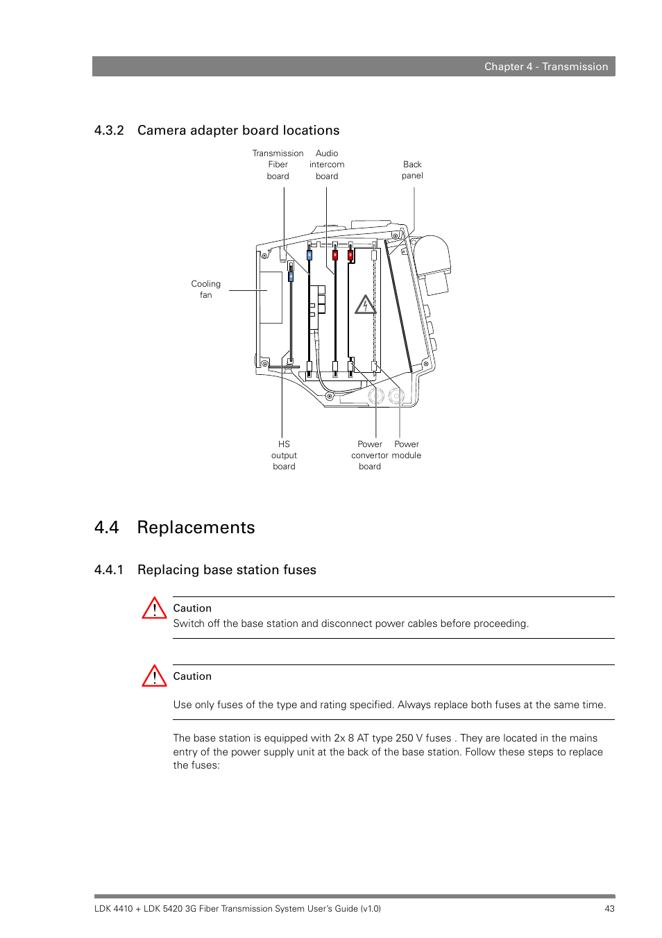 2 camera adapter board locations, 4 replacements, 1 replacing base station fuses | Camera adapter board locations, Replacements 4.4.1, Replacing base station fuses | Grass Valley LDK 4410 User Manual | Page 43 / 82