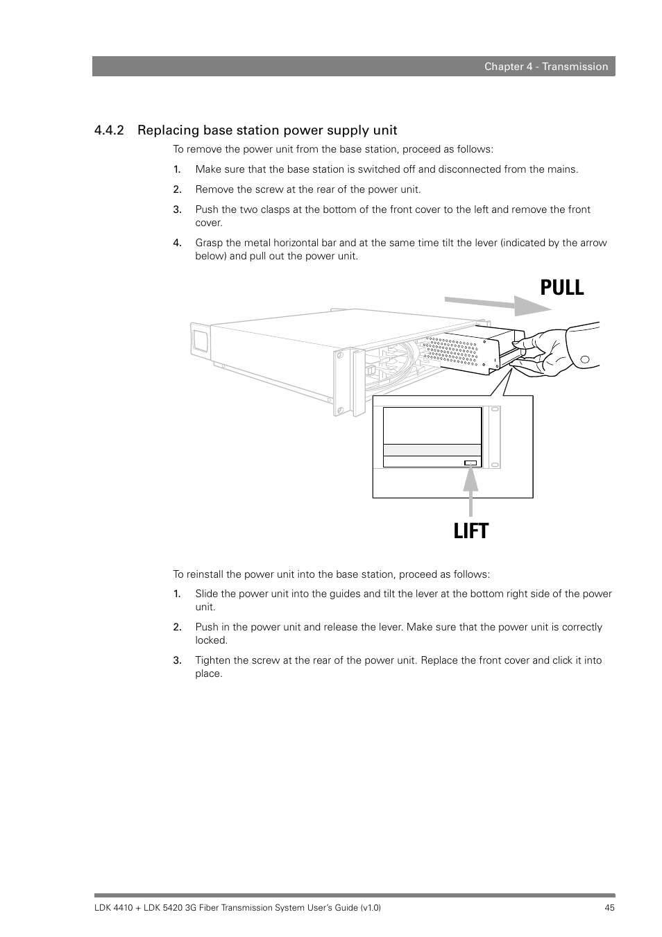 2 replacing base station power supply unit, Replacing base station power supply unit, Pull lift | Grass Valley LDK 4410 User Manual | Page 45 / 82
