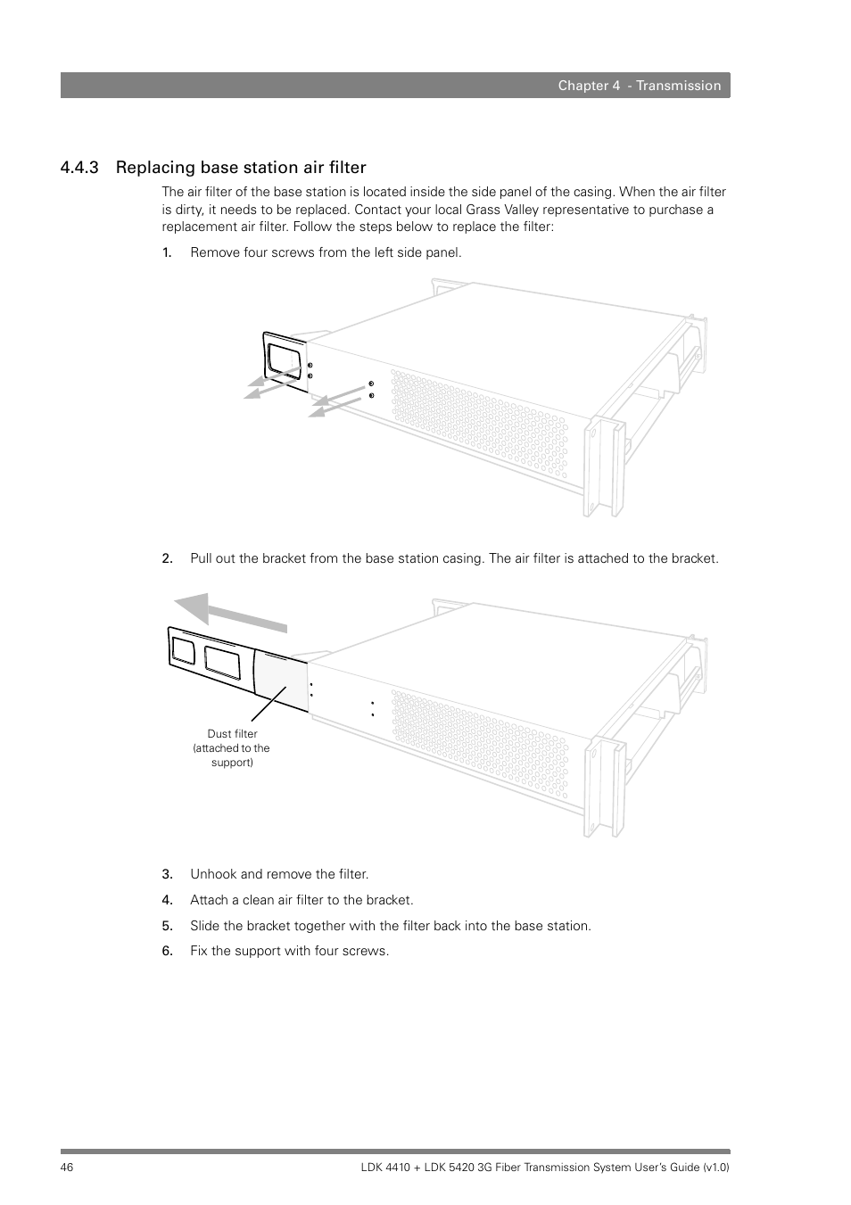 3 replacing base station air filter, Replacing base station air filter | Grass Valley LDK 4410 User Manual | Page 46 / 82
