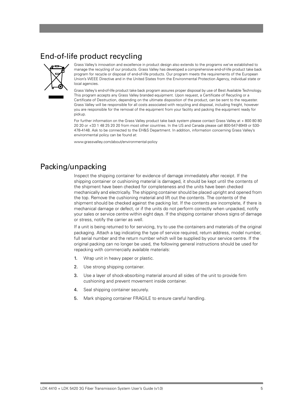 End-of-life product recycling, Packing/unpacking | Grass Valley LDK 4410 User Manual | Page 5 / 82