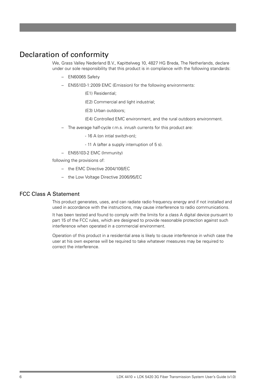 Declaration of conformity, Fcc class a statement | Grass Valley LDK 4410 User Manual | Page 6 / 82