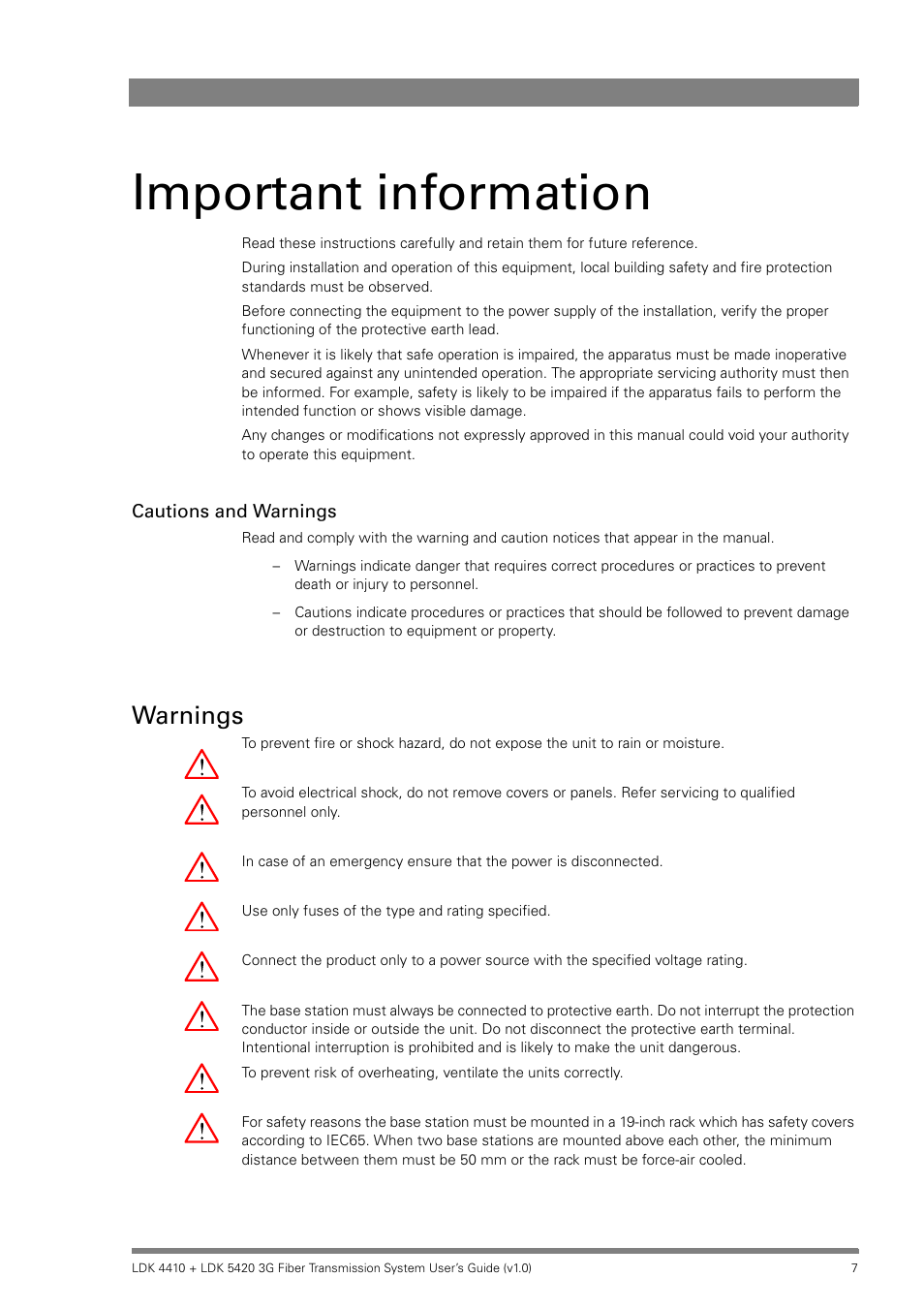 Important information, Warnings | Grass Valley LDK 4410 User Manual | Page 7 / 82