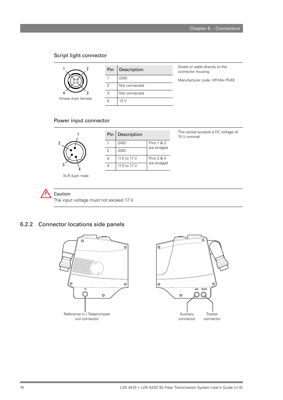 2 connector locations side panels, Connector locations side panels, Script light connector power input connector | Grass Valley LDK 4410 User Manual | Page 74 / 82