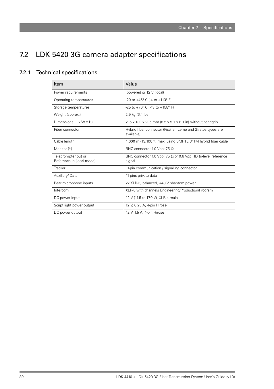 2 ldk 5420 3g camera adapter specifications, 1 technical specifications, Ldk 5420 3g camera adapter specifications 7.2.1 | Technical specifications | Grass Valley LDK 4410 User Manual | Page 80 / 82