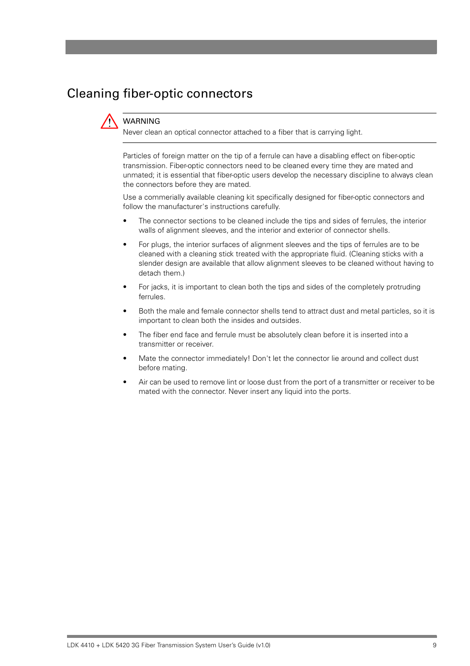 Cleaning fiber-optic connectors | Grass Valley LDK 4410 User Manual | Page 9 / 82