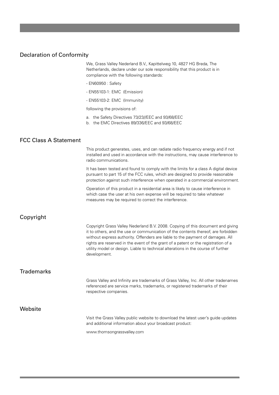 Declaration of conformity, Fcc class a statement, Copyright | Trademarks, Website | Grass Valley LDK 4021 User Manual | Page 2 / 22