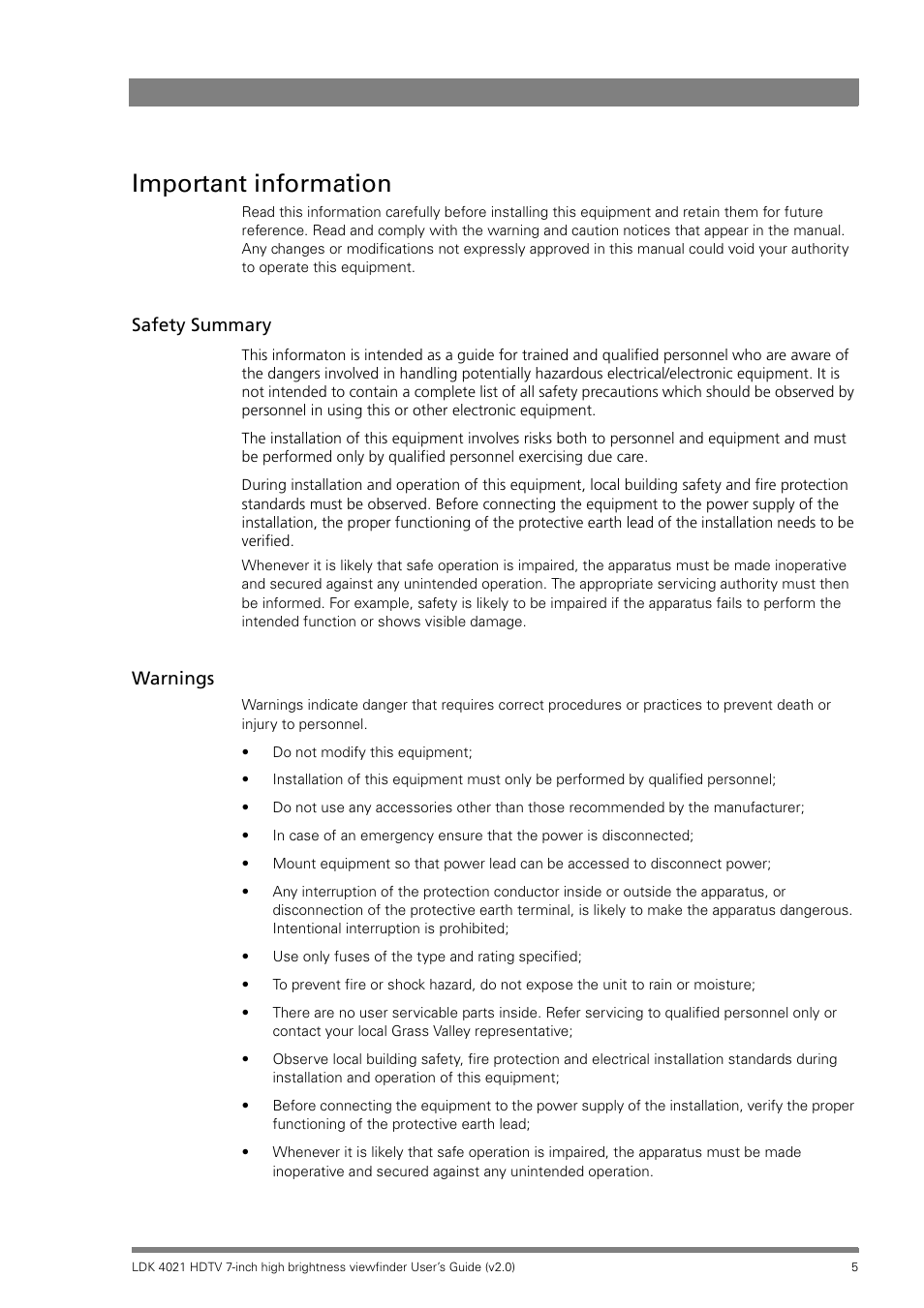 Important information, Safety summary, Warnings | Grass Valley LDK 4021 User Manual | Page 5 / 22
