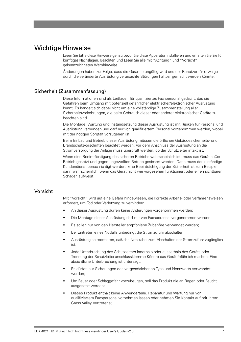 Wichtige hinweise, Sicherheit (zusammenfassung), Vorsicht | Grass Valley LDK 4021 User Manual | Page 7 / 22